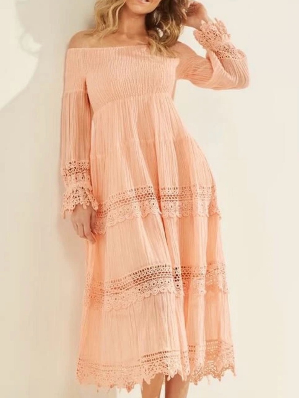 GUESS Amberlee Lace-Trim Off The Shoulder Maxi Dress Smocked Ren Fair Whimsigoth
